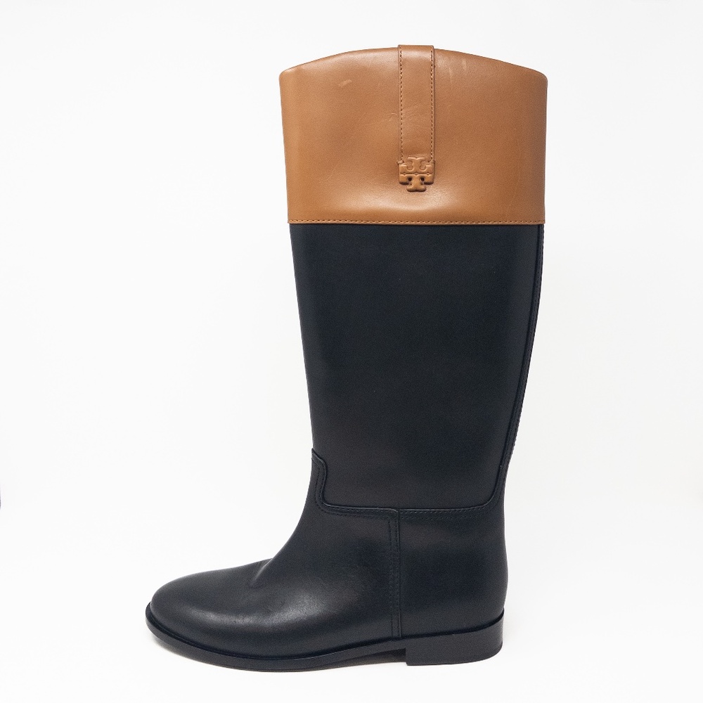 Tory Burch 55 mm Double T Riding Boots Black Tan Womens 9.5